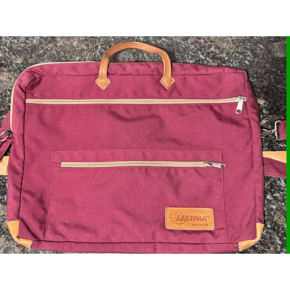 VTG Eastpak Briefcase Messenger Bag Made In USA Burgundy Canvas Leather Trim 90s